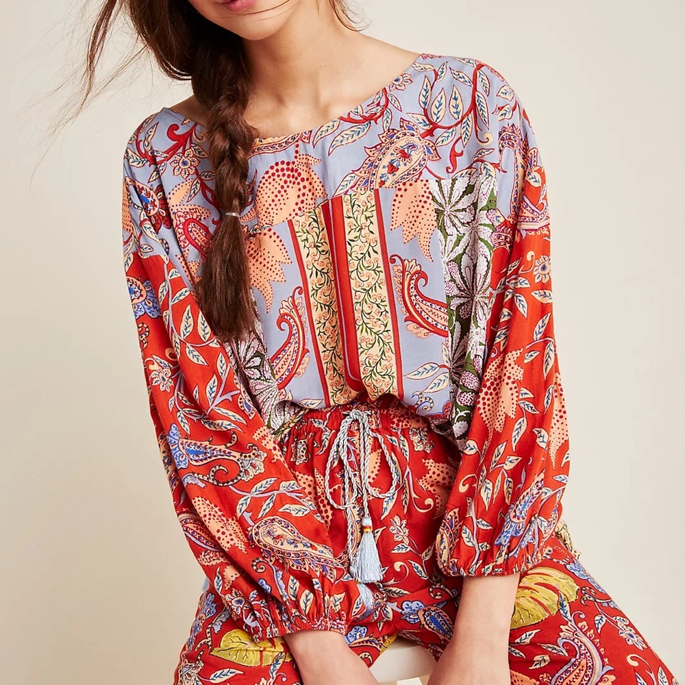 Anthropologie Sonrisa Paisley Floral Tassle Blouse Top